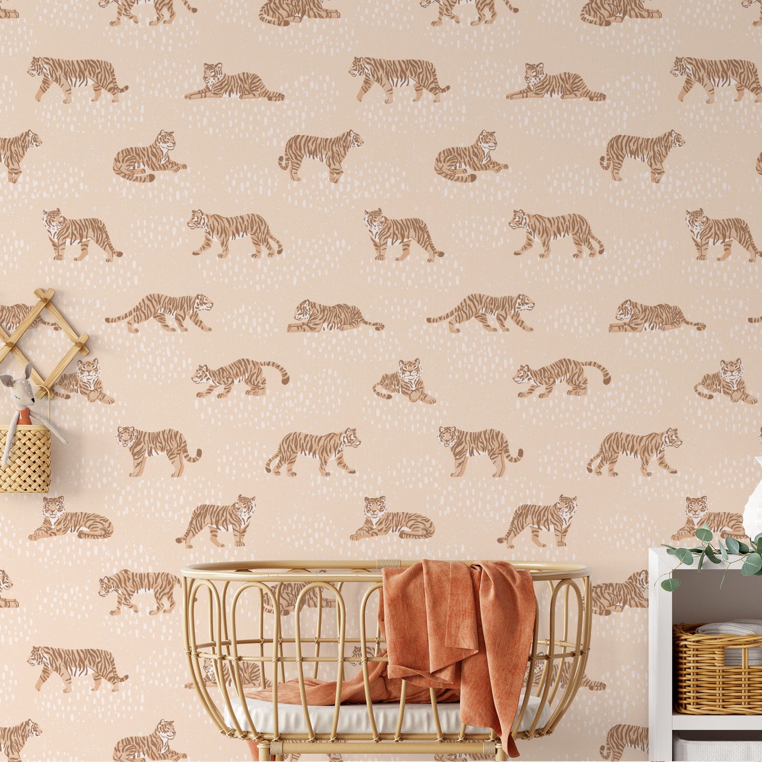 Nursery featuring our Tiger Meadow Wallpaper in Tan by artist Tayler Mitchell for Ayara