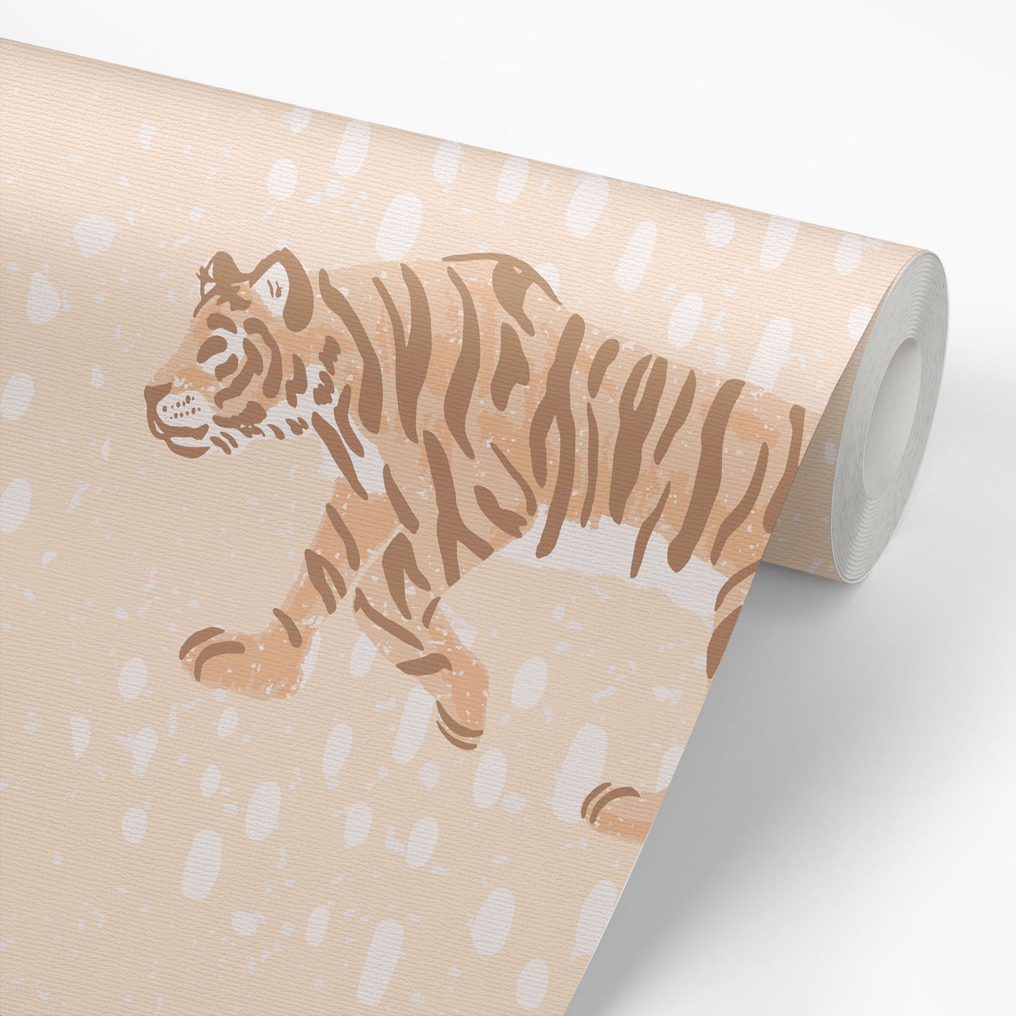 Wallpaper roll of Tiger Meadow- Tan Wallpaper perfect for a nursery or playroom space.