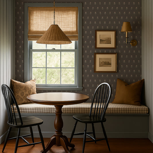 Dining room featuring our thistle buds wallpaper in ash brown with small rosy florals on a dark background