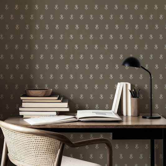 Office with a wallpaper of thistle bud flowers on a khaki background.