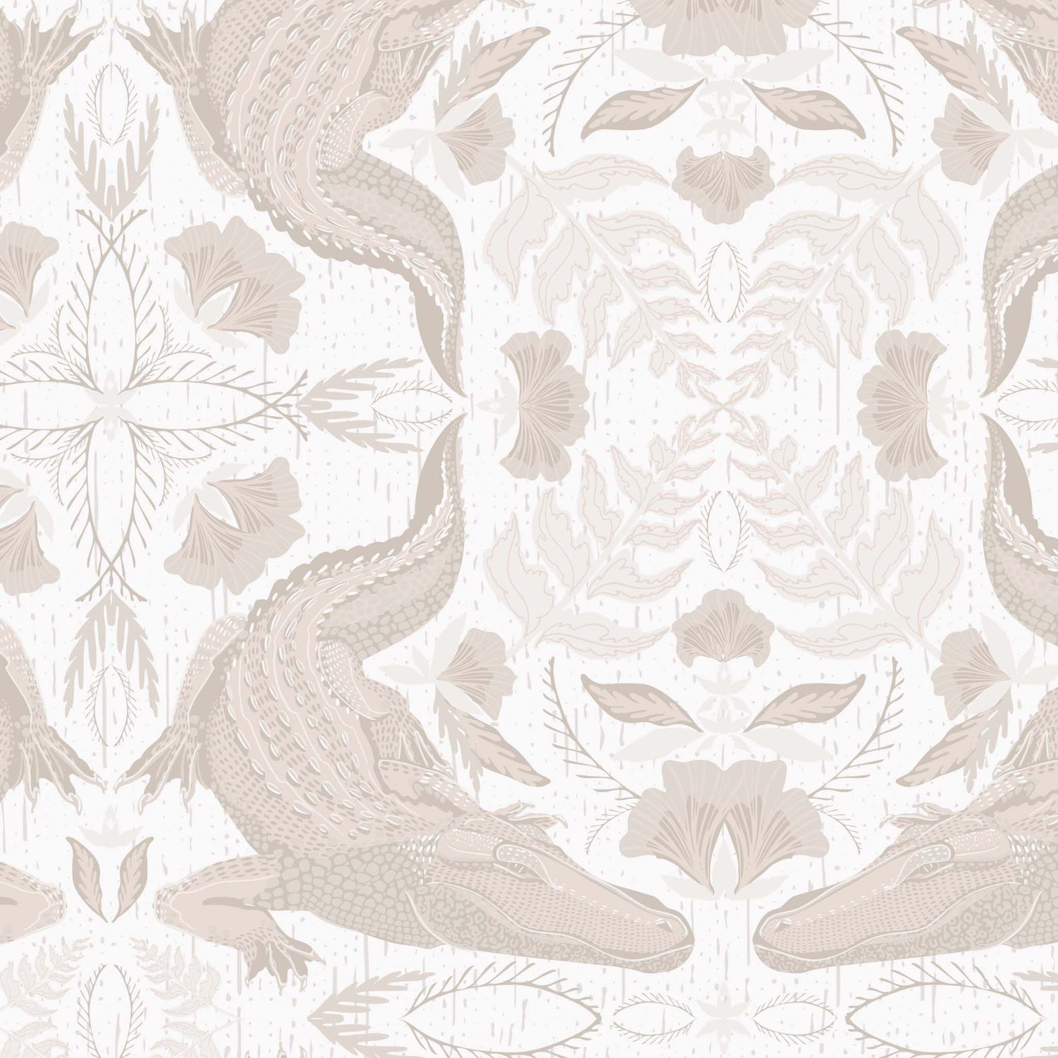 Decorative wallpaper with allligtor and botanical pattern in beige tones on a light background