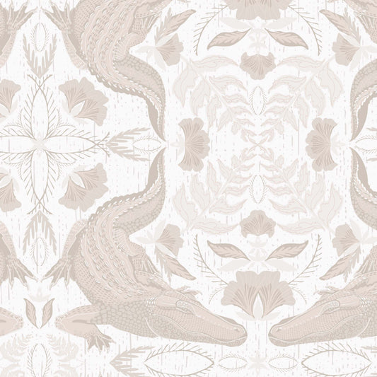 Decorative wallpaper with allligtor and botanical pattern in beige tones on a light background