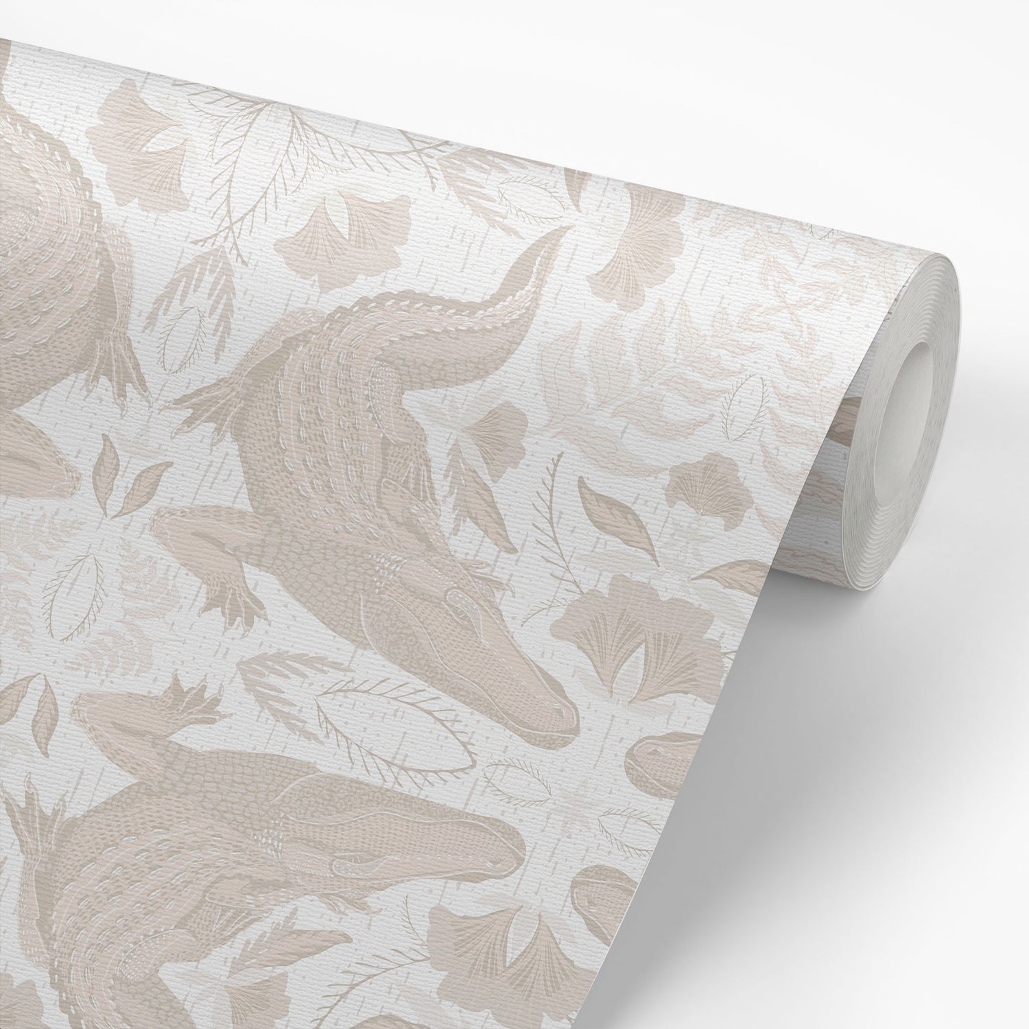 Roll of wallpaper with alligator and leaf pattern on a light background