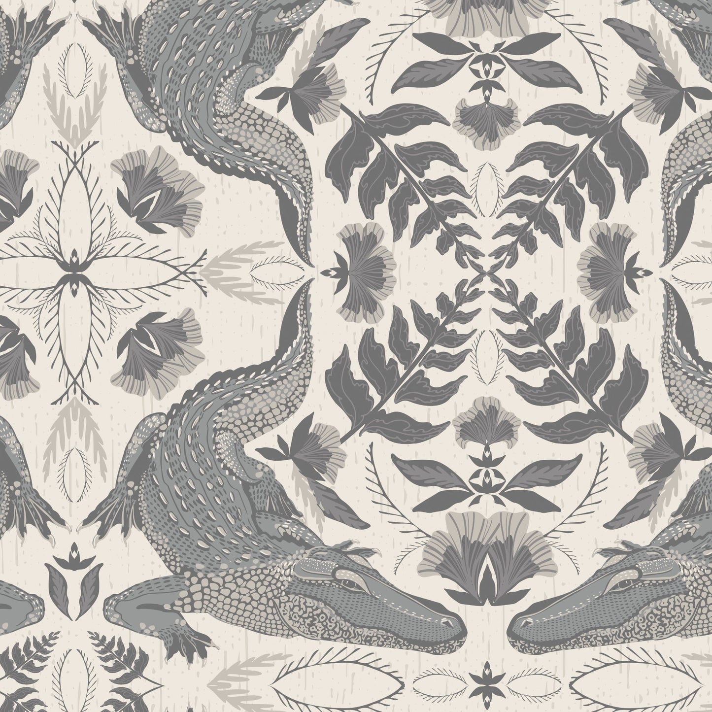 Patterned fabric with crocodile and leaf design on a neutral background