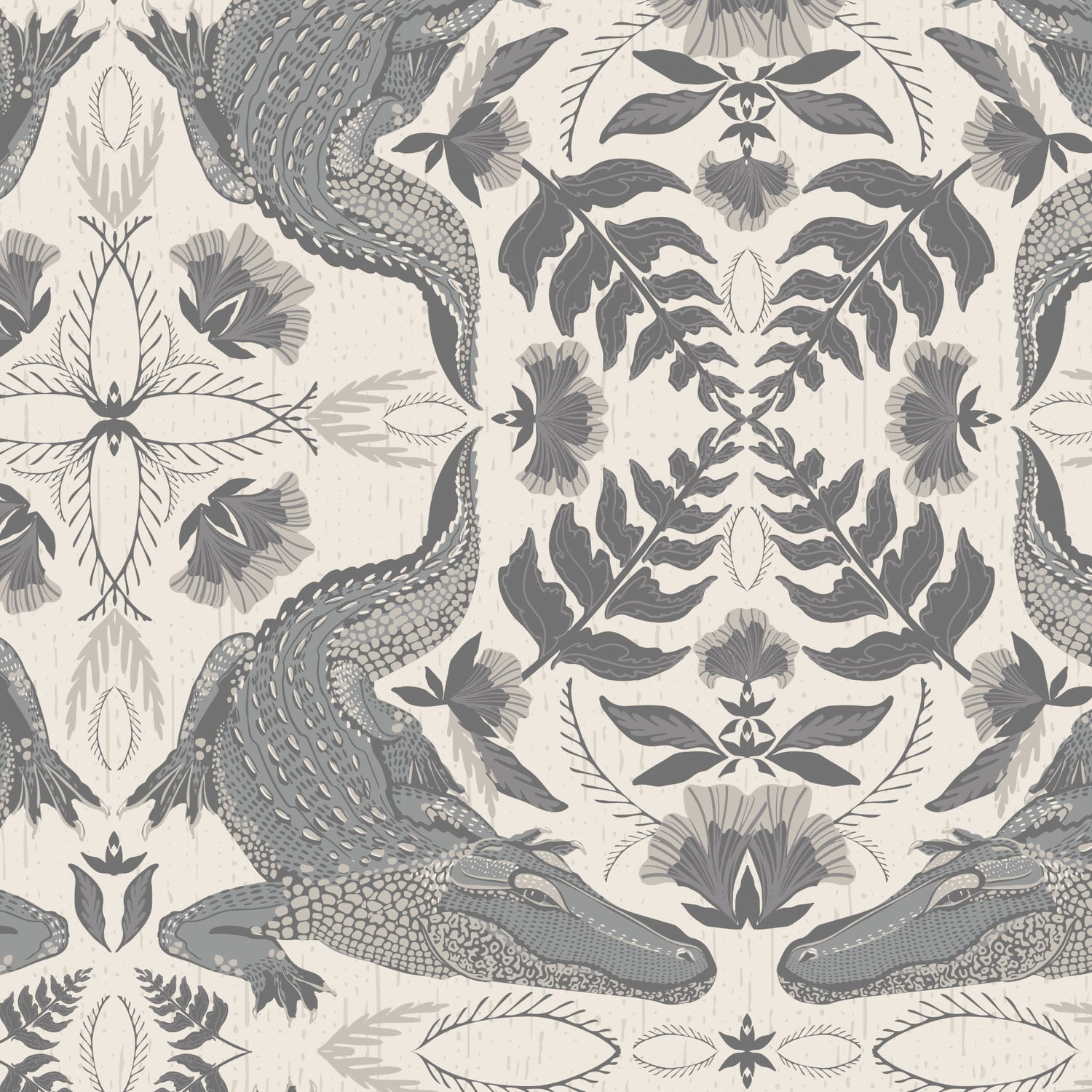 Patterned fabric with crocodile and leaf design on a neutral background