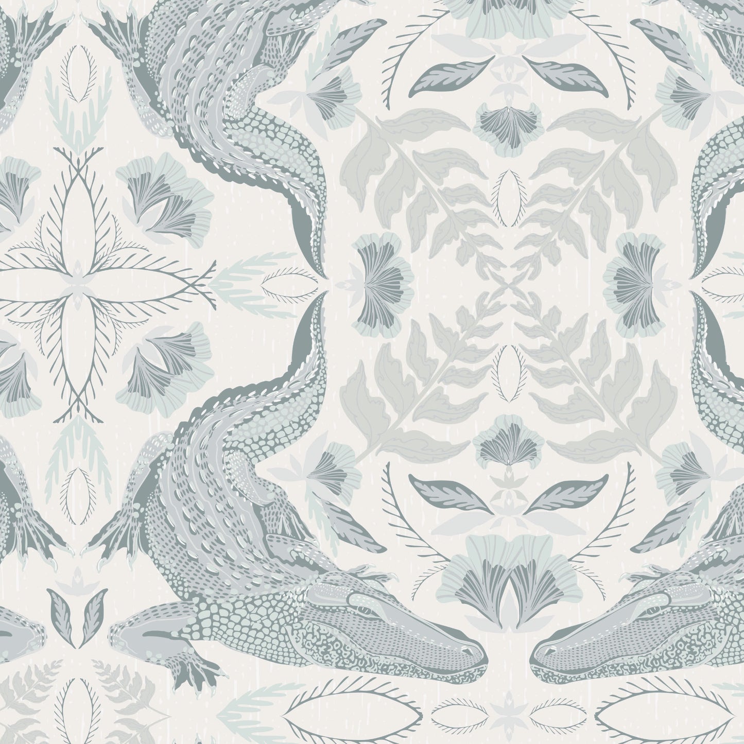 Patterned wallpaper with crocodiles and leaves on a light background