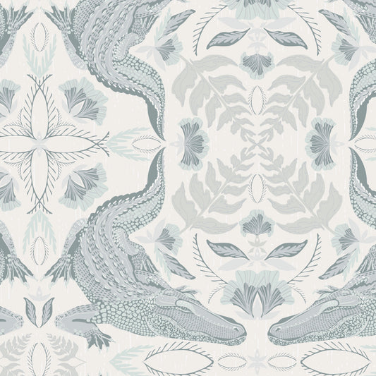 Patterned wallpaper with crocodiles and leaves on a light background