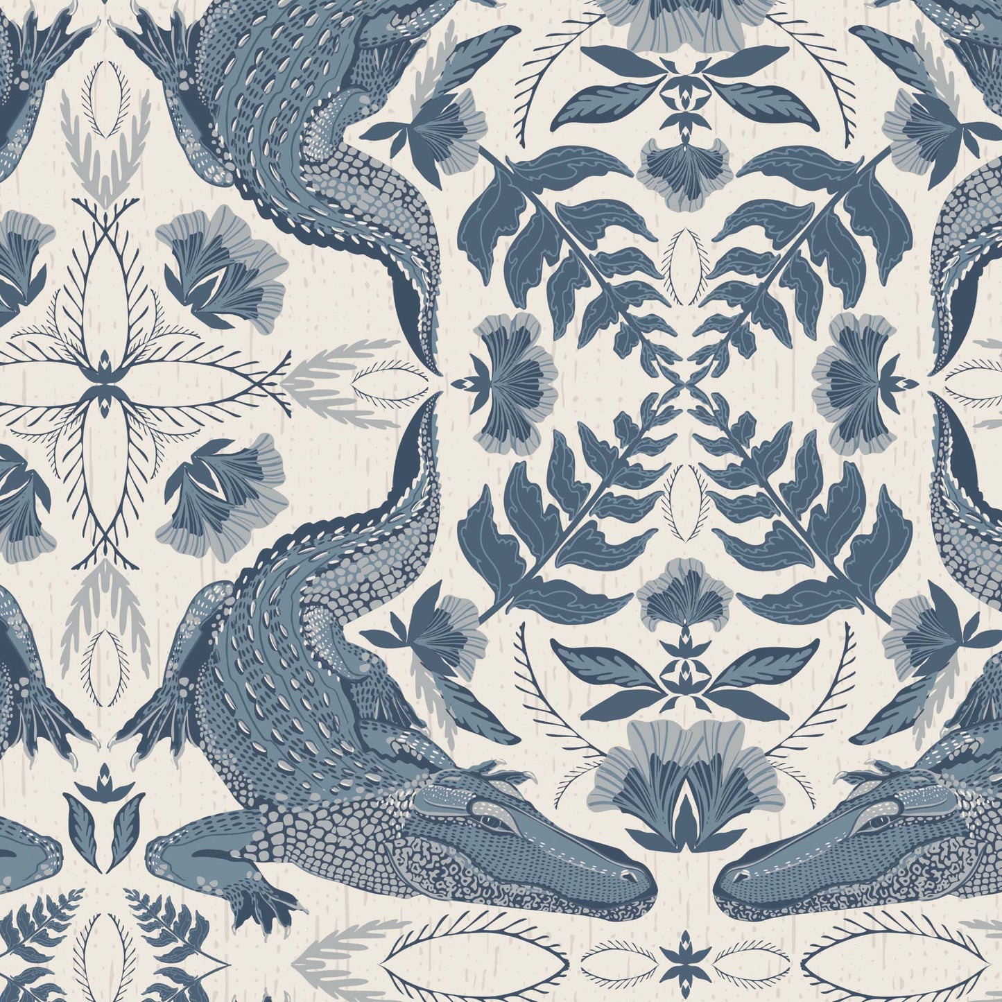 Patterned fabric with blue alligators and leaves