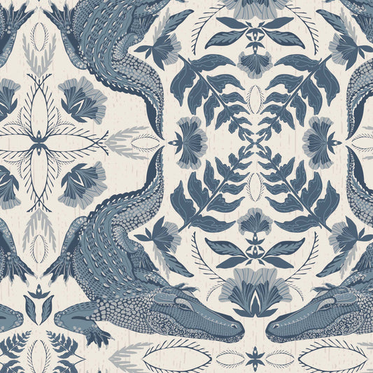 Patterned fabric with blue alligators and leaves
