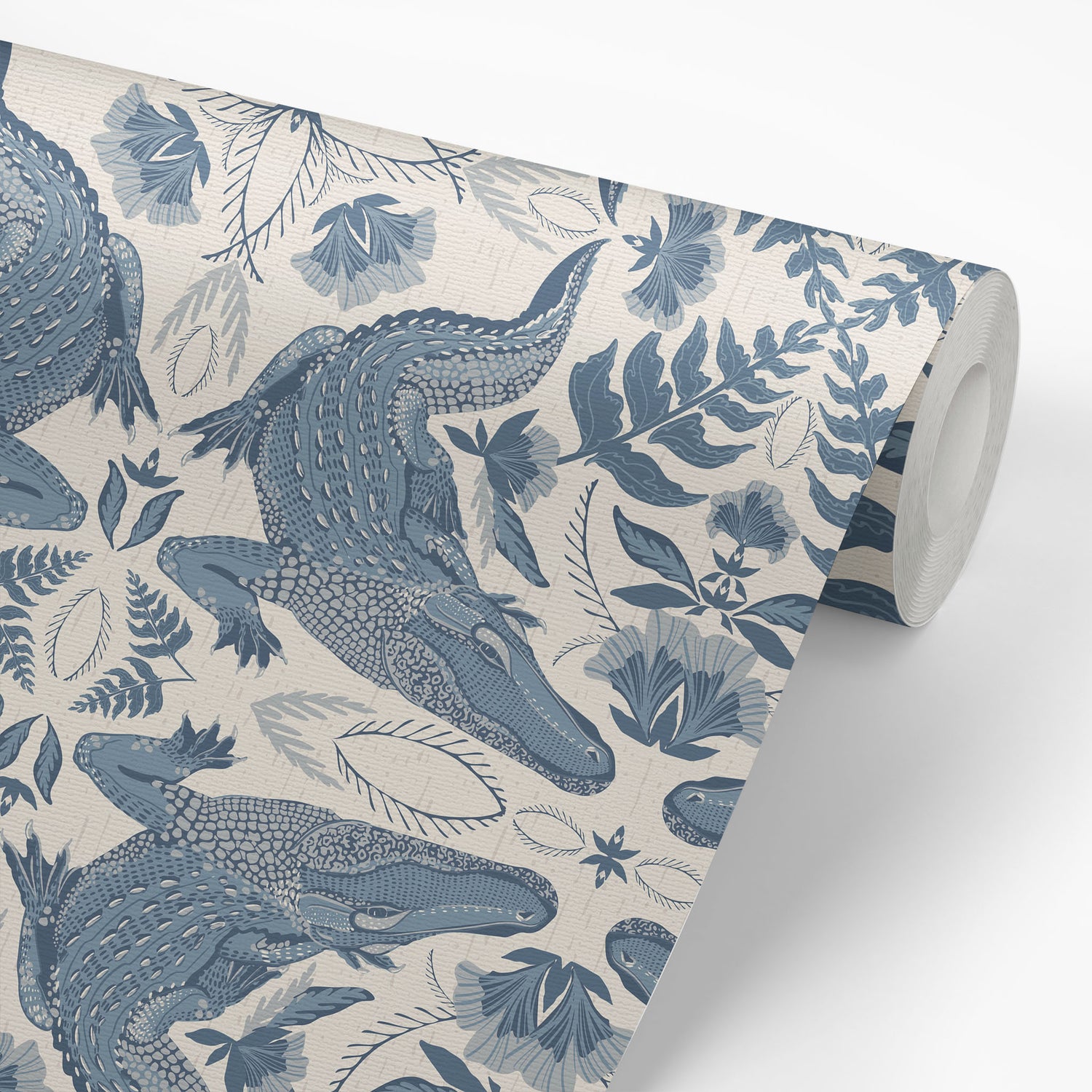 Roll of wallpaper with blue alligator and leaf pattern