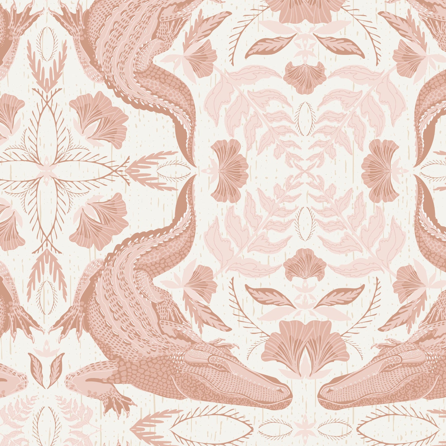 Patterned wallpaper with crocodile and floral design in rose gold on a light pink background