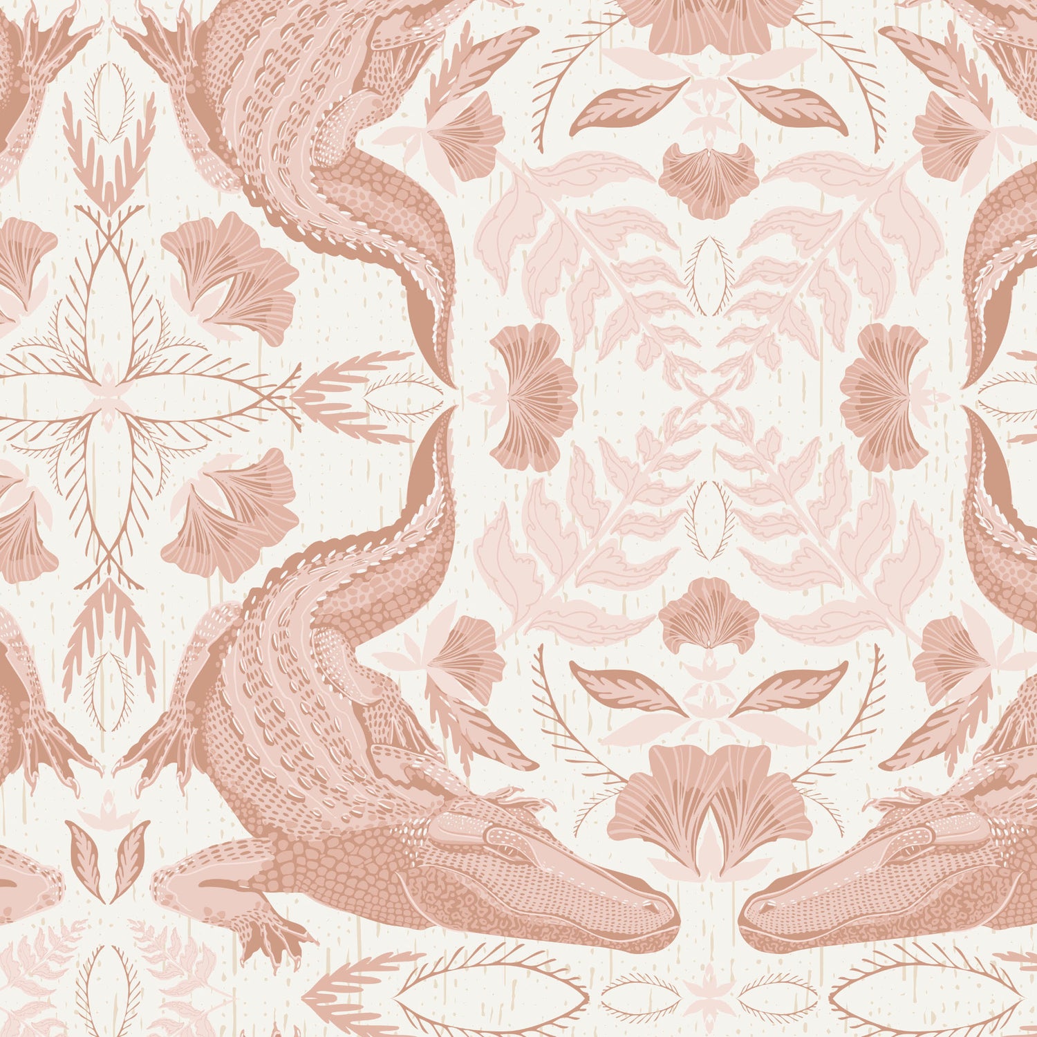 Patterned wallpaper with crocodile and floral design in rose gold on a light pink background