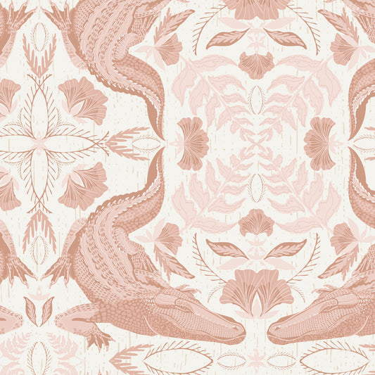Patterned wallpaper with crocodile and floral design in rose gold on a light pink background