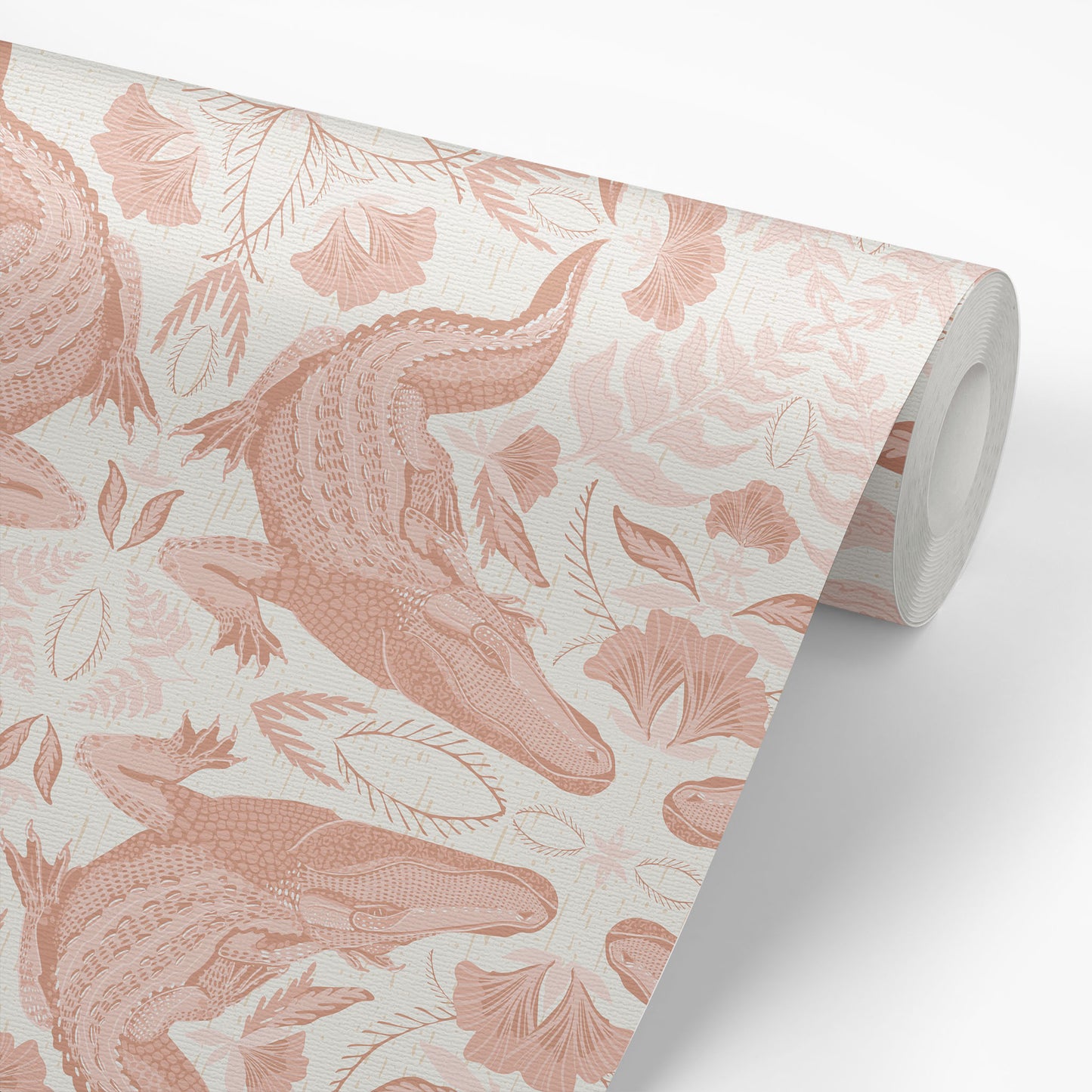 Roll of wallpaper with pink crocodile and floral pattern on a light background