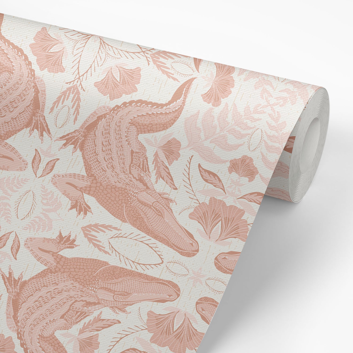 Roll of wallpaper with pink crocodile and floral pattern on a light background