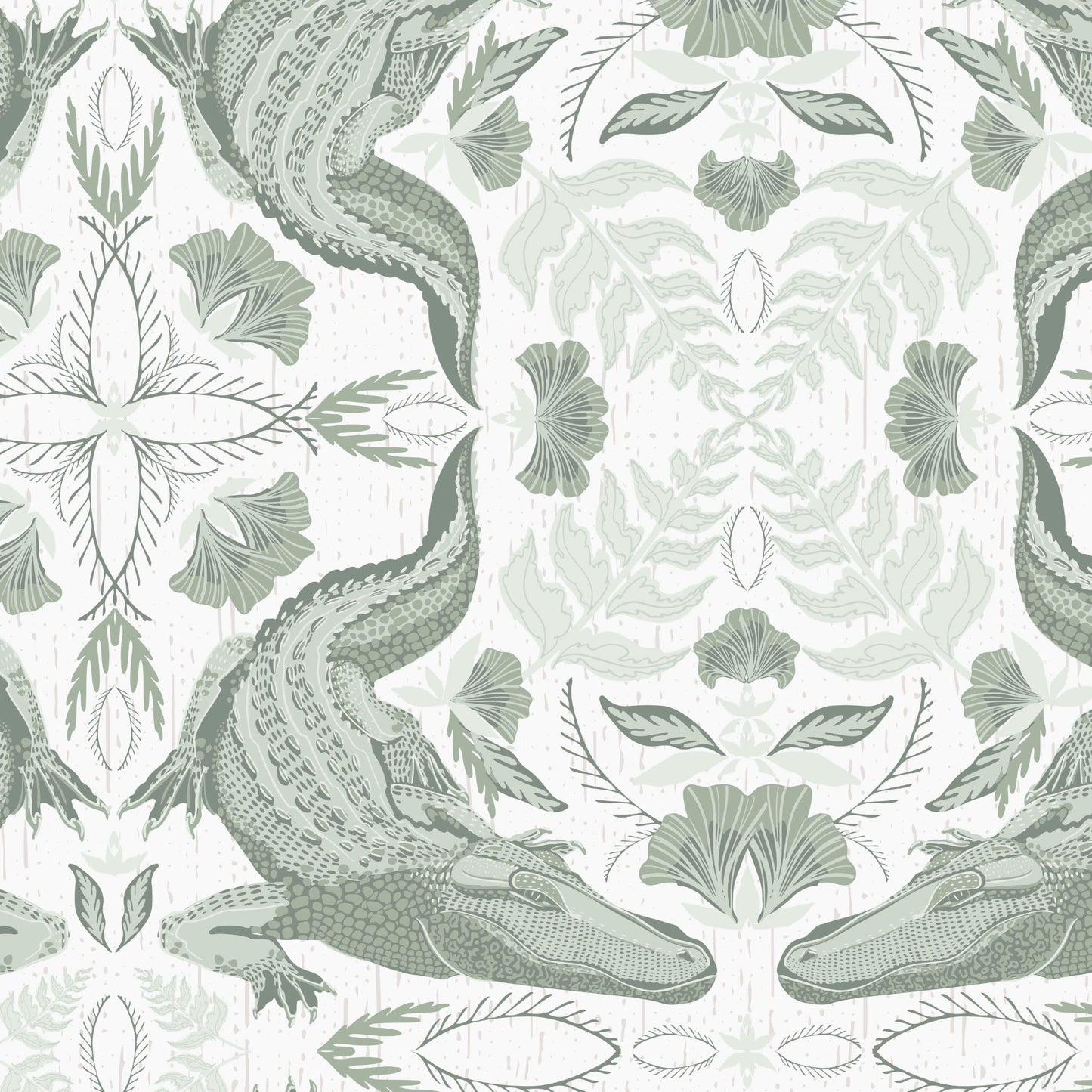 Patterned wallpaper with crocodiles and leaves on a light background