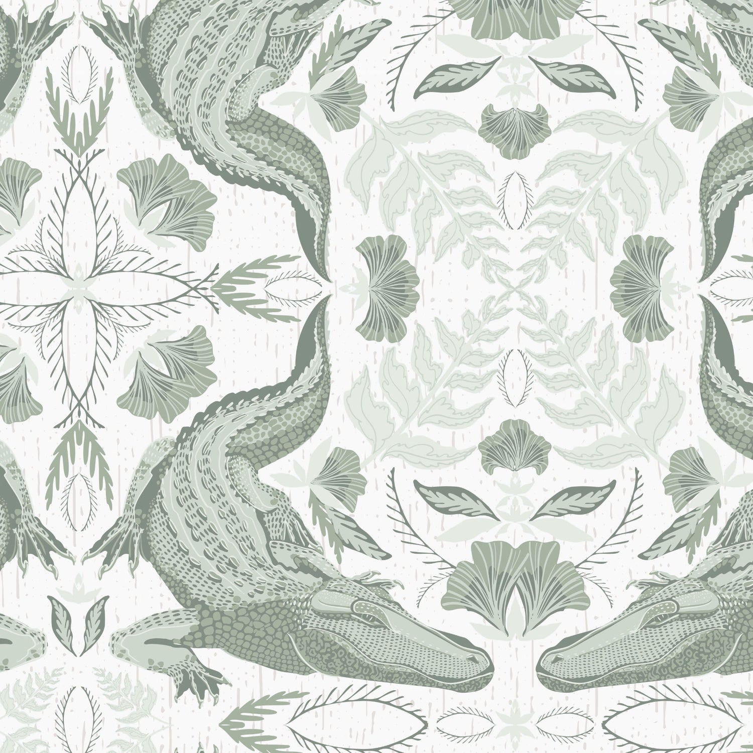 Patterned wallpaper with crocodiles and leaves on a light background