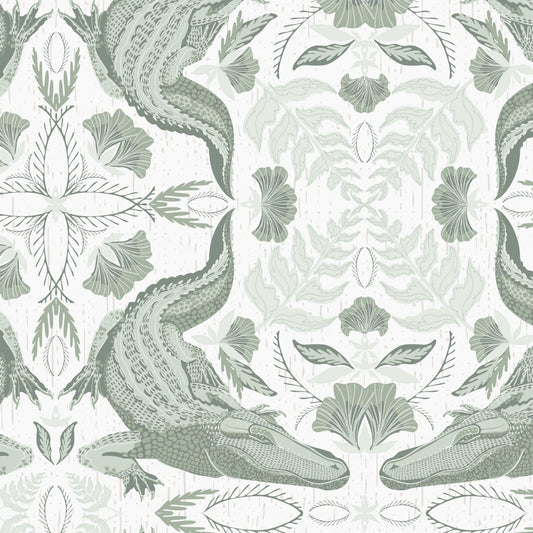 Patterned wallpaper with crocodiles and leaves on a light background
