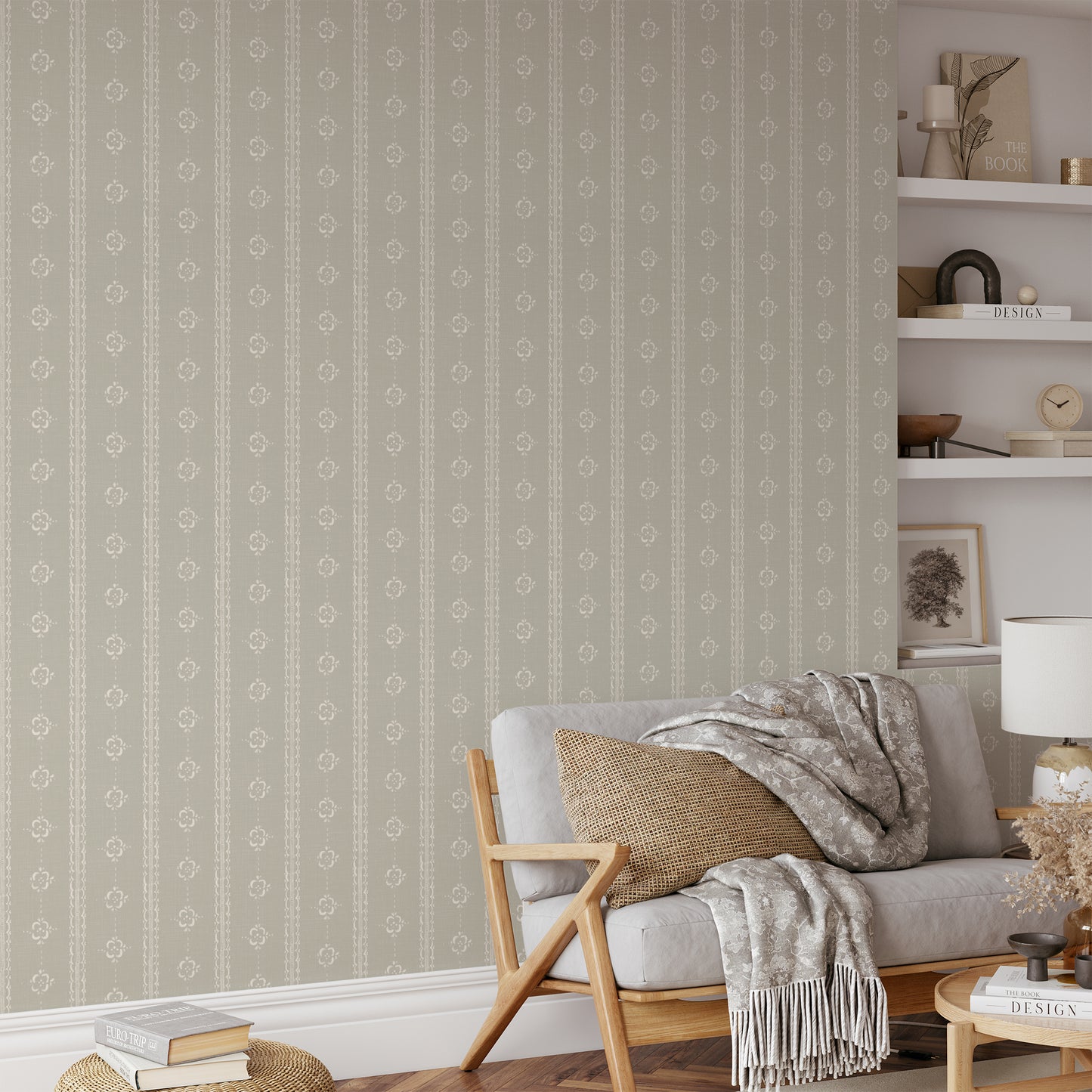 Time Worn Wallpaper in Neutral shown in a living room.