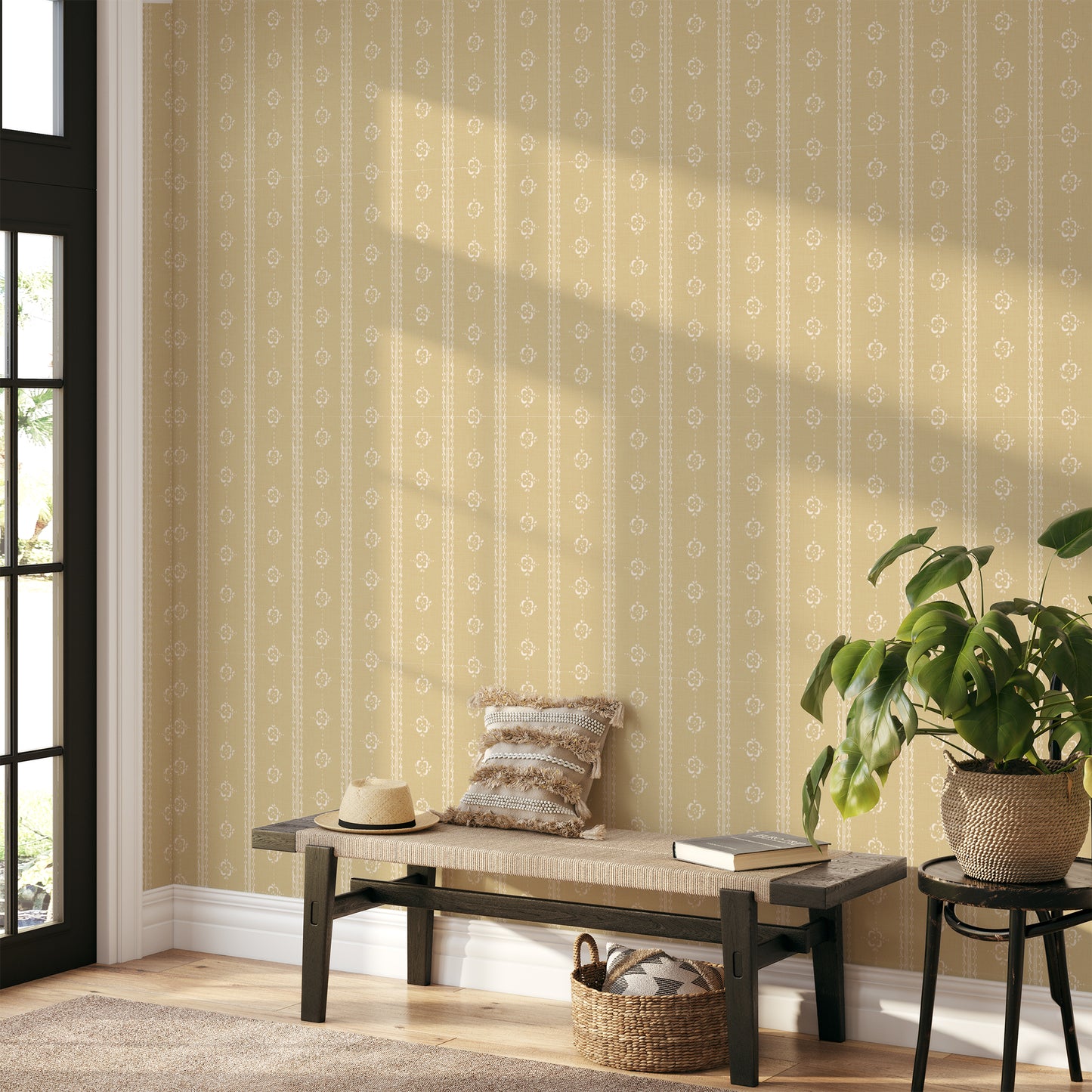 Time Worn Wallpaper in Sun shown in a walkway.