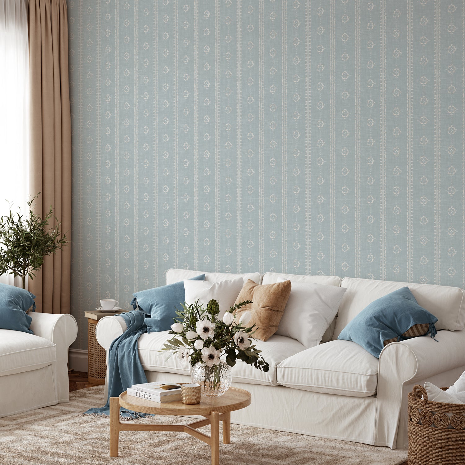 Time Worn Wallpaper in Sky Blue shown in a living room.
