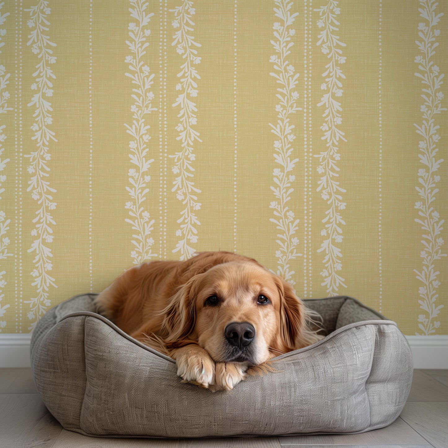Timeless Florals Wallpaper in Sun shown in a room.