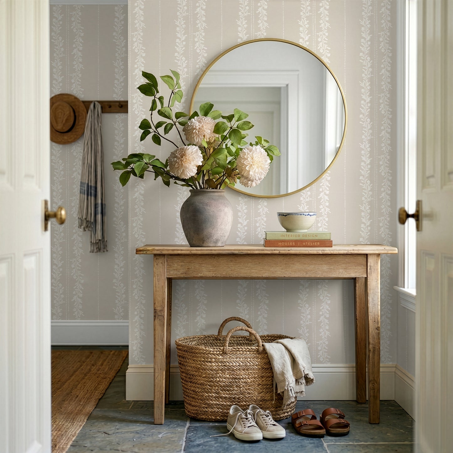 Timeless Florals Wallpaper in Stone shown in an entry way.