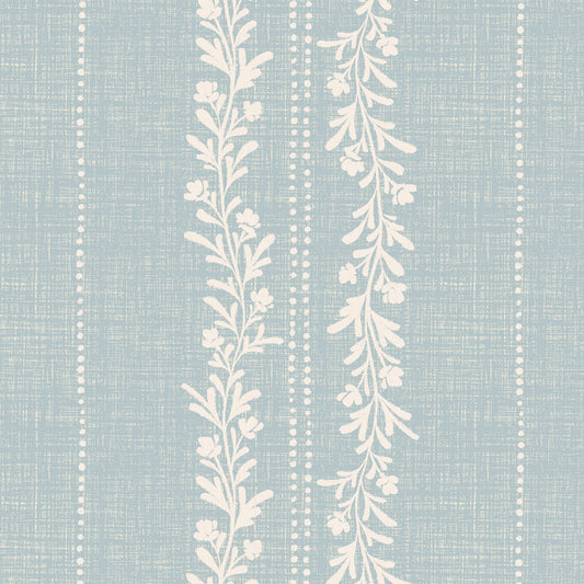 Timeless Florals Wallpaper in Blue shown close up.