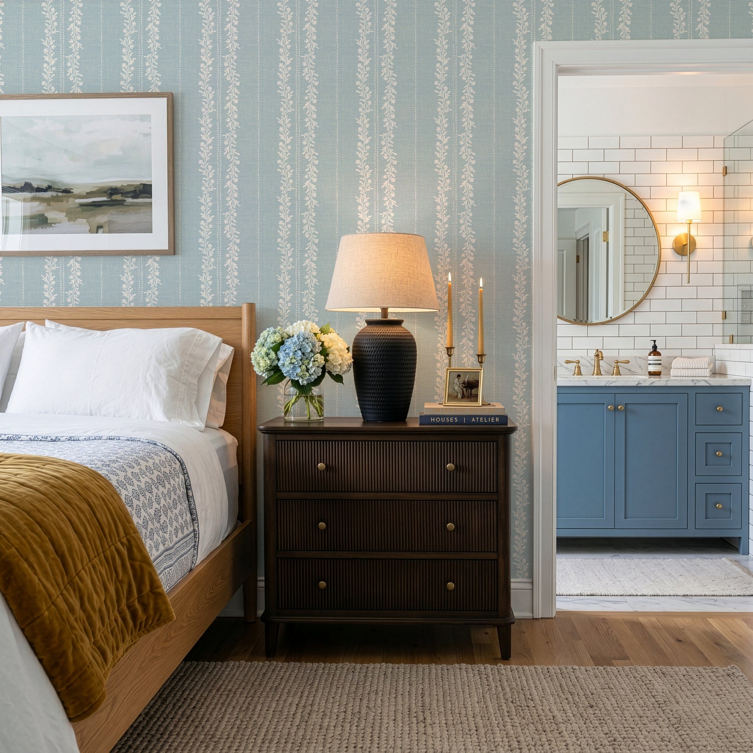 Timeless Florals Wallpaper in Blue shown in a bedroom.