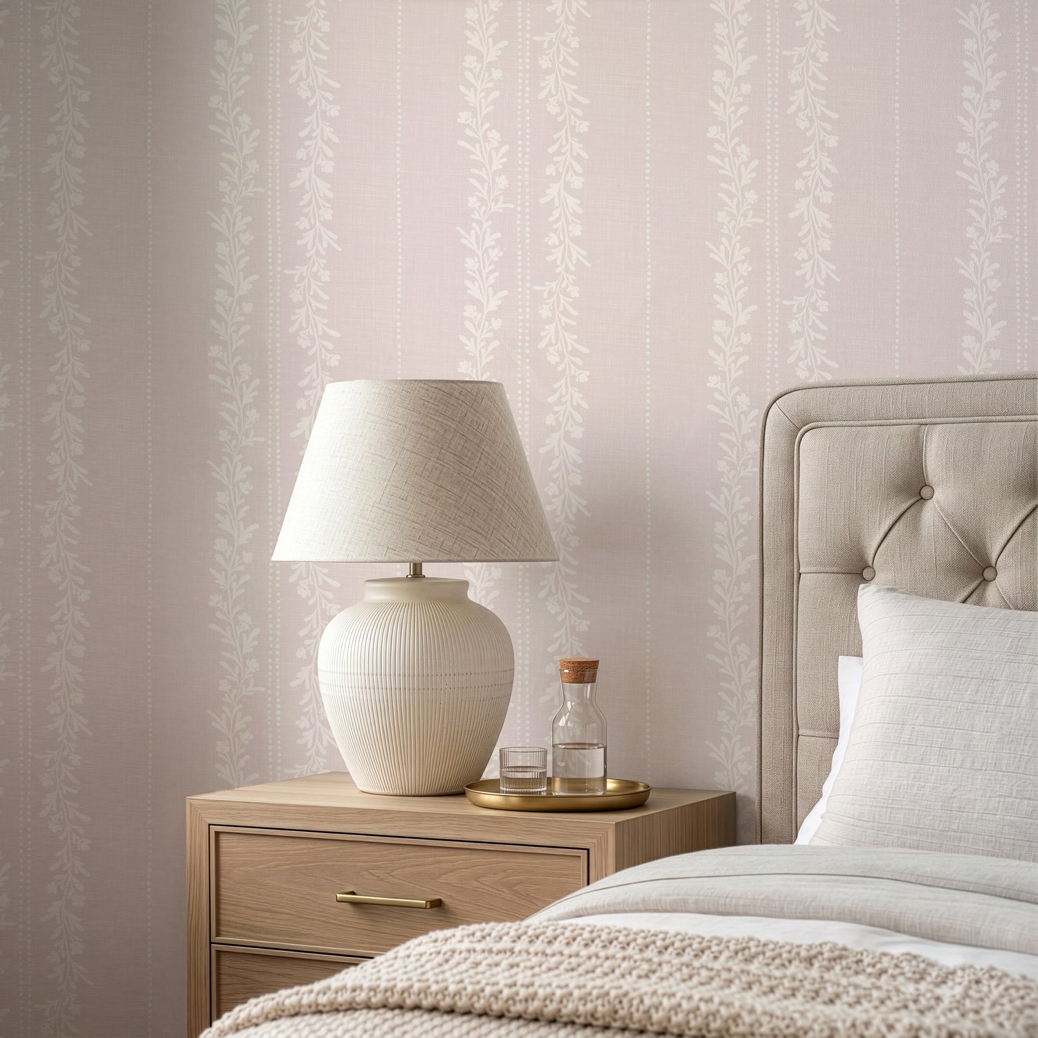 Timeless Florals Wallpaper in Blush shown  in a bedroom.
