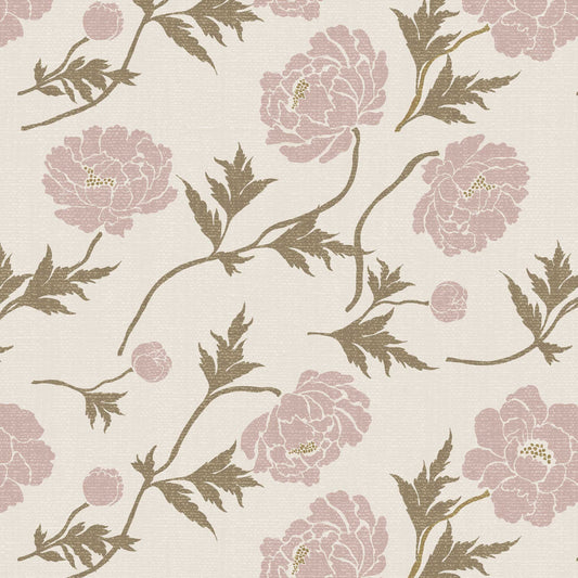 Closeup view of our Tossed Peonies Wallpaper in Mauve Florals