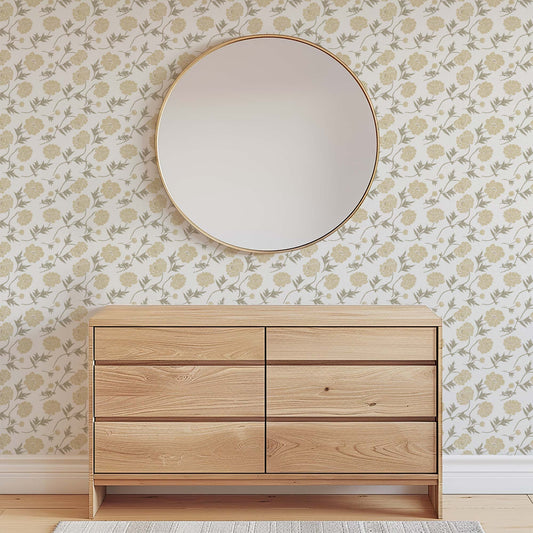 Tossed Peonies Wallpaper in Pale Yellow Florals shown in a room
