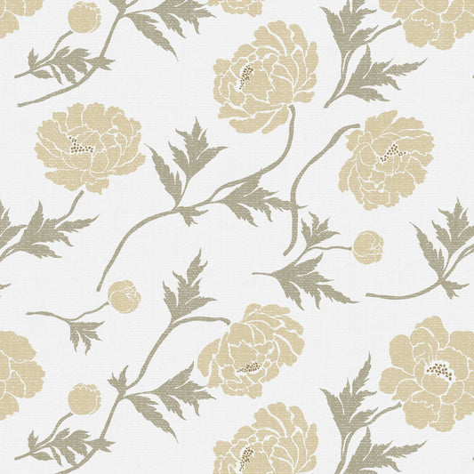 Closeup view of our Tossed Peonies Wallpaper in Pale Yellow Florals