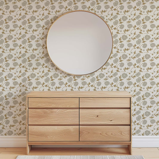 Tossed Peonies Wallpaper in Taupe Florals shown in a room