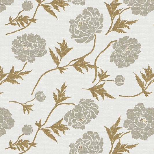Closeup view of our Tossed Peonies Wallpaper in Taupe Florals