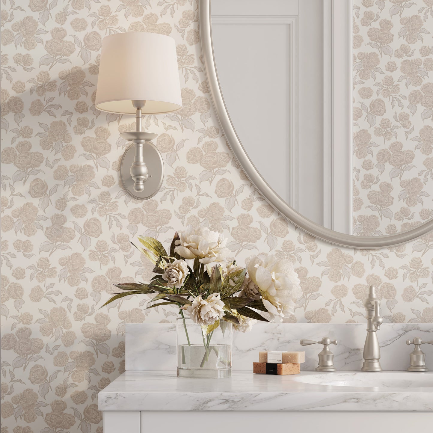 Bathroom with floral wallpaper, round mirror, and marble countertop.