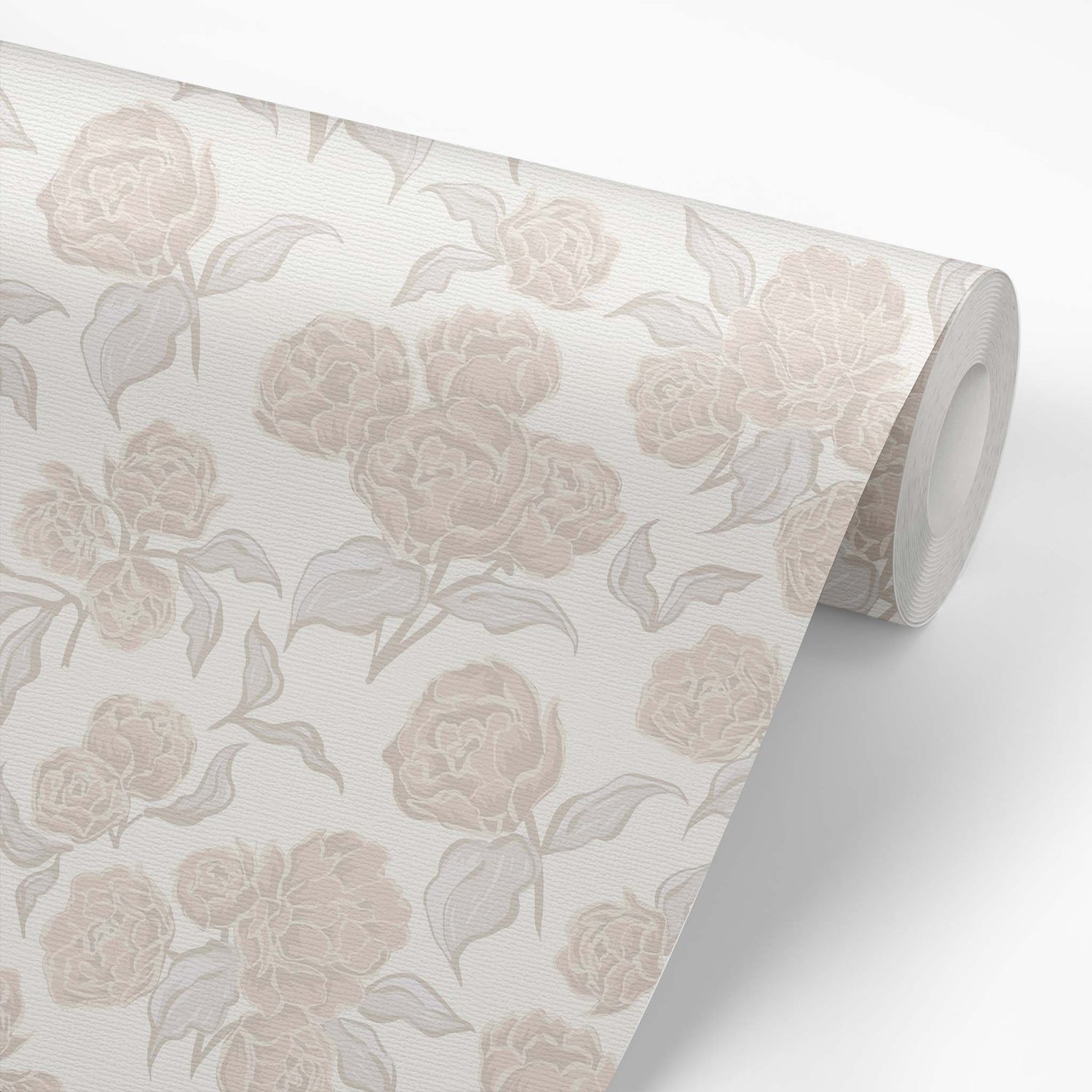 Roll of floral wallpaper with beige flowers on a light background