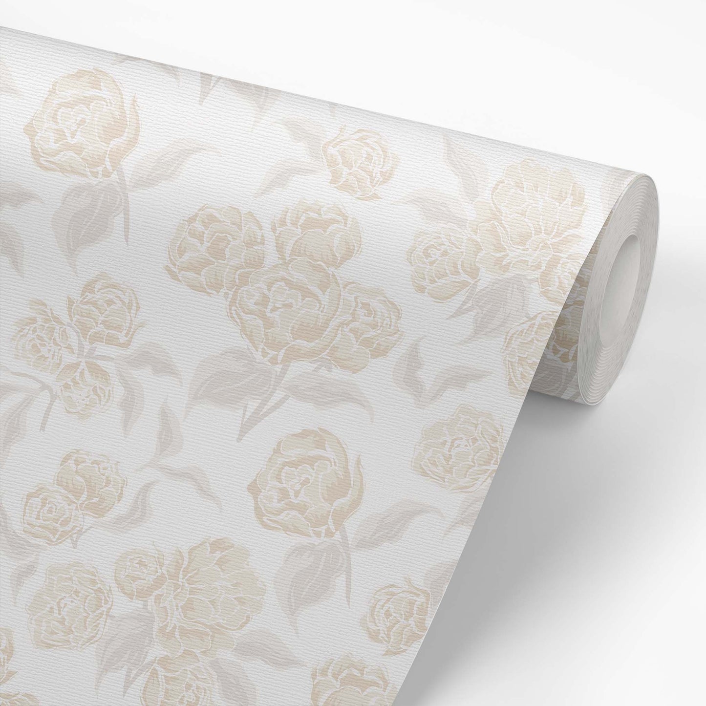 Roll of floral wallpaper with cream flowers on a white background