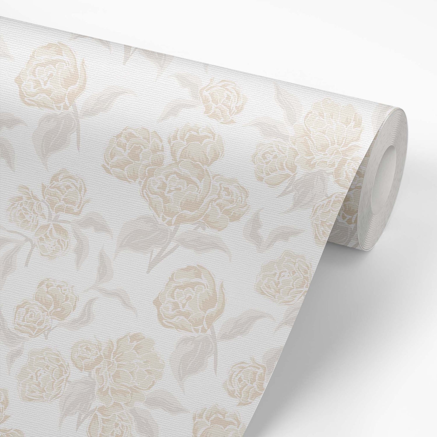 Roll of floral wallpaper with cream flowers on a white background