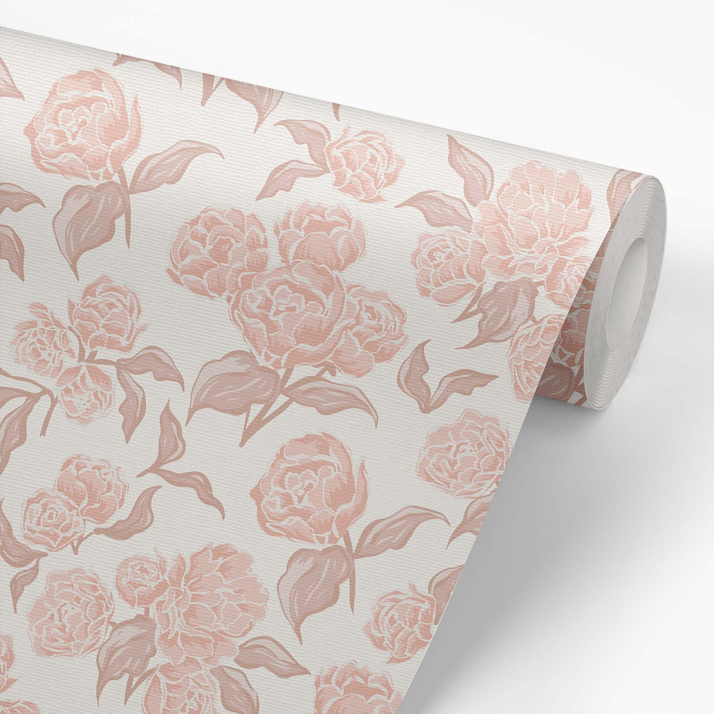 Roll of floral wallpaper with pink flowers on a light background