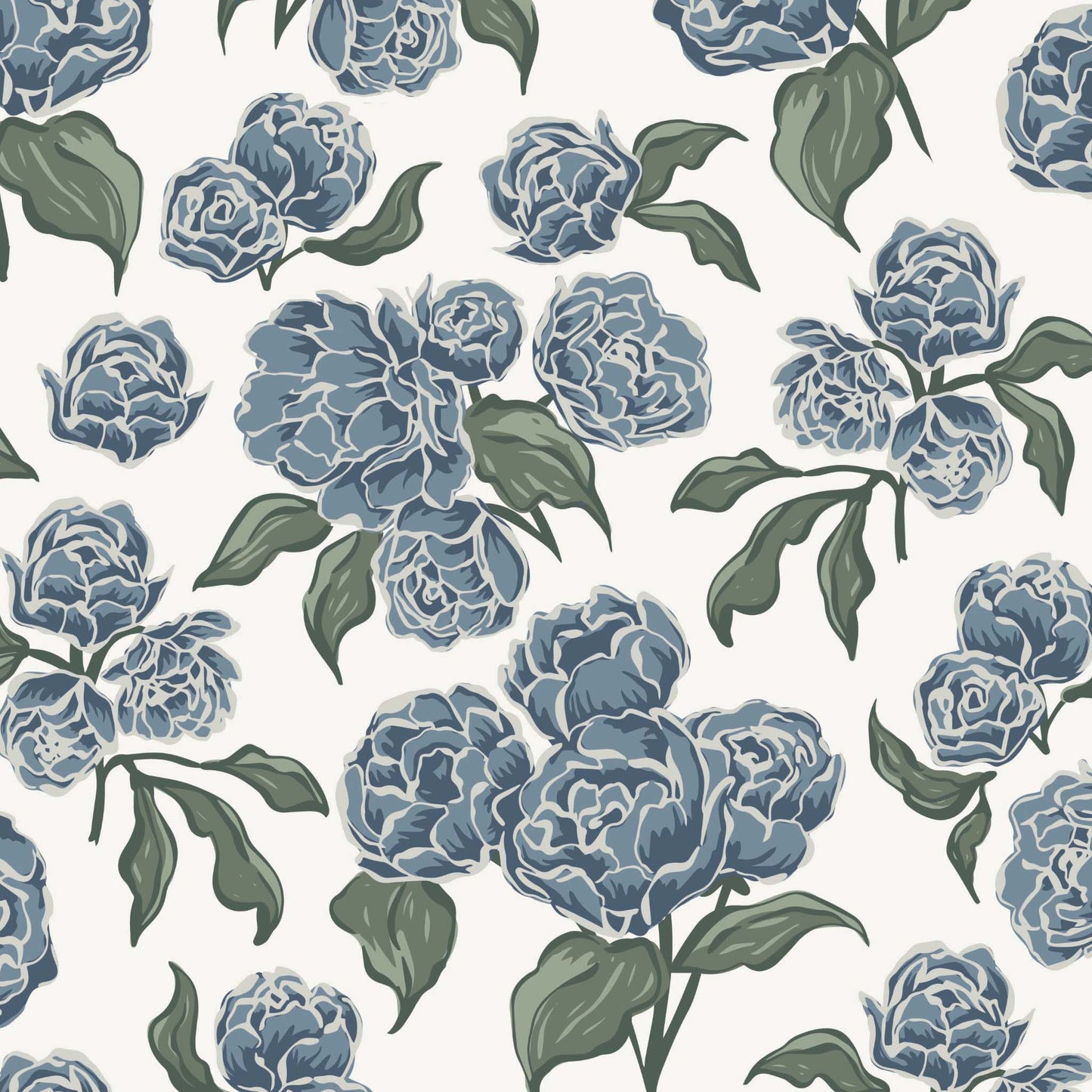 Pattern of blue flowers with green leaves on a white background