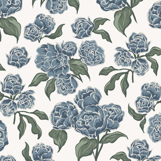 Pattern of blue flowers with green leaves on a white background