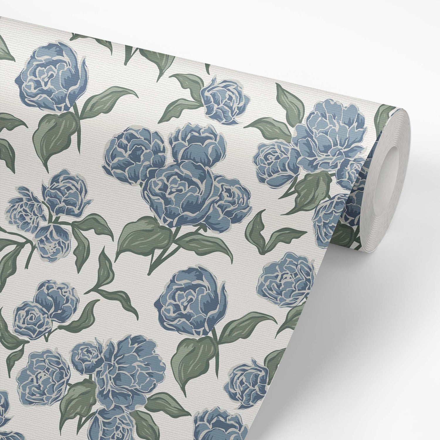 Roll of floral wallpaper with blue flowers and green leaves on a white background