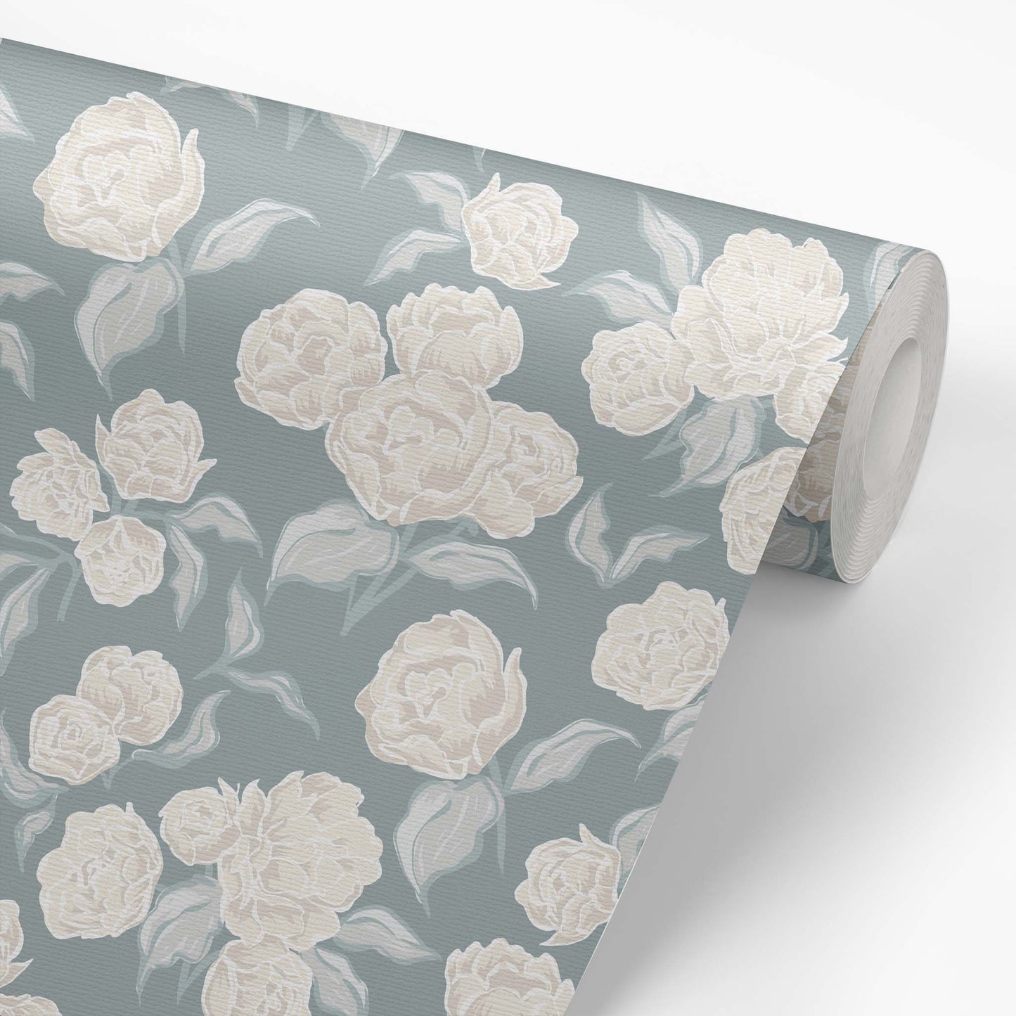Roll of wallpaper with white floral pattern on a sea green background