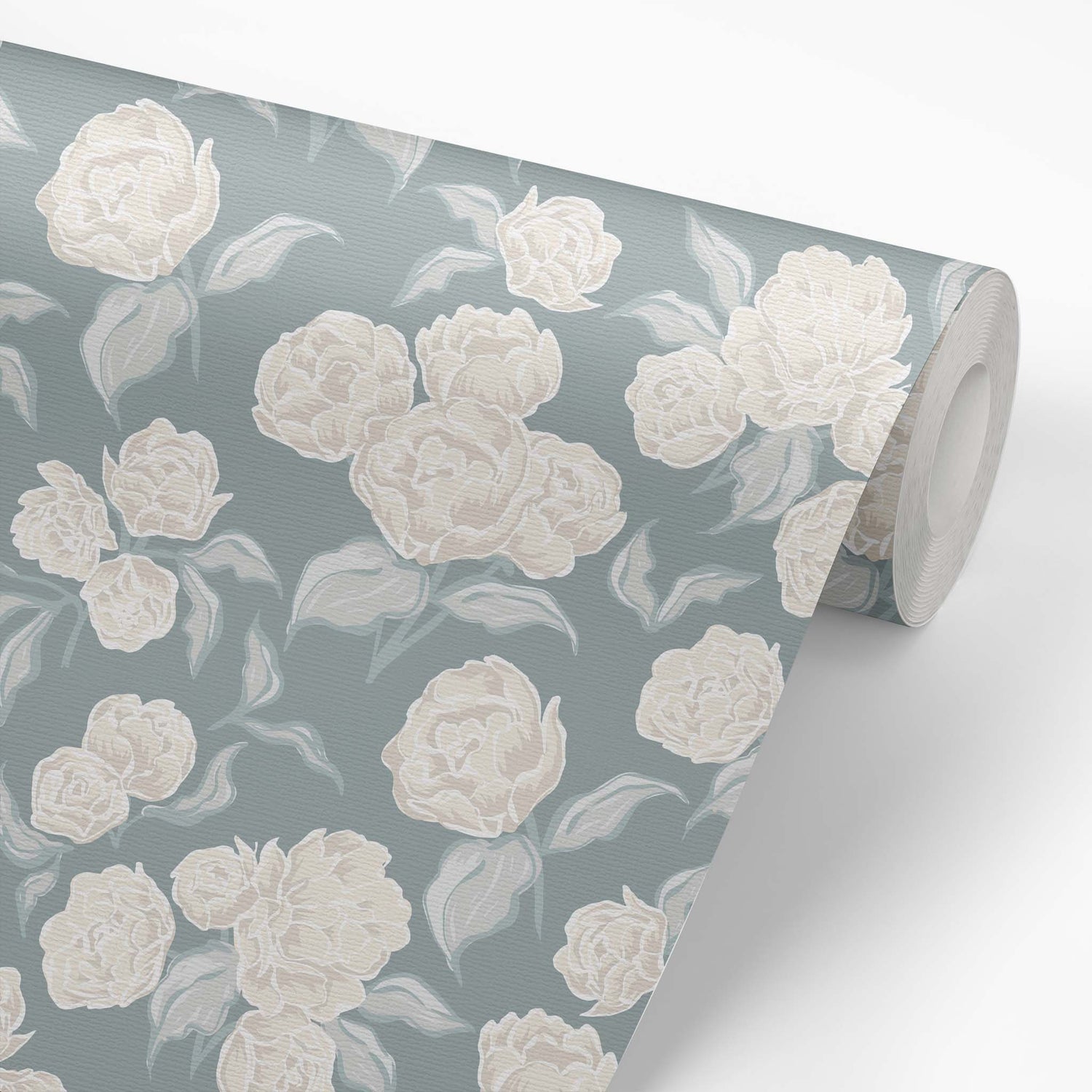 Roll of wallpaper with white floral pattern on a sea green background