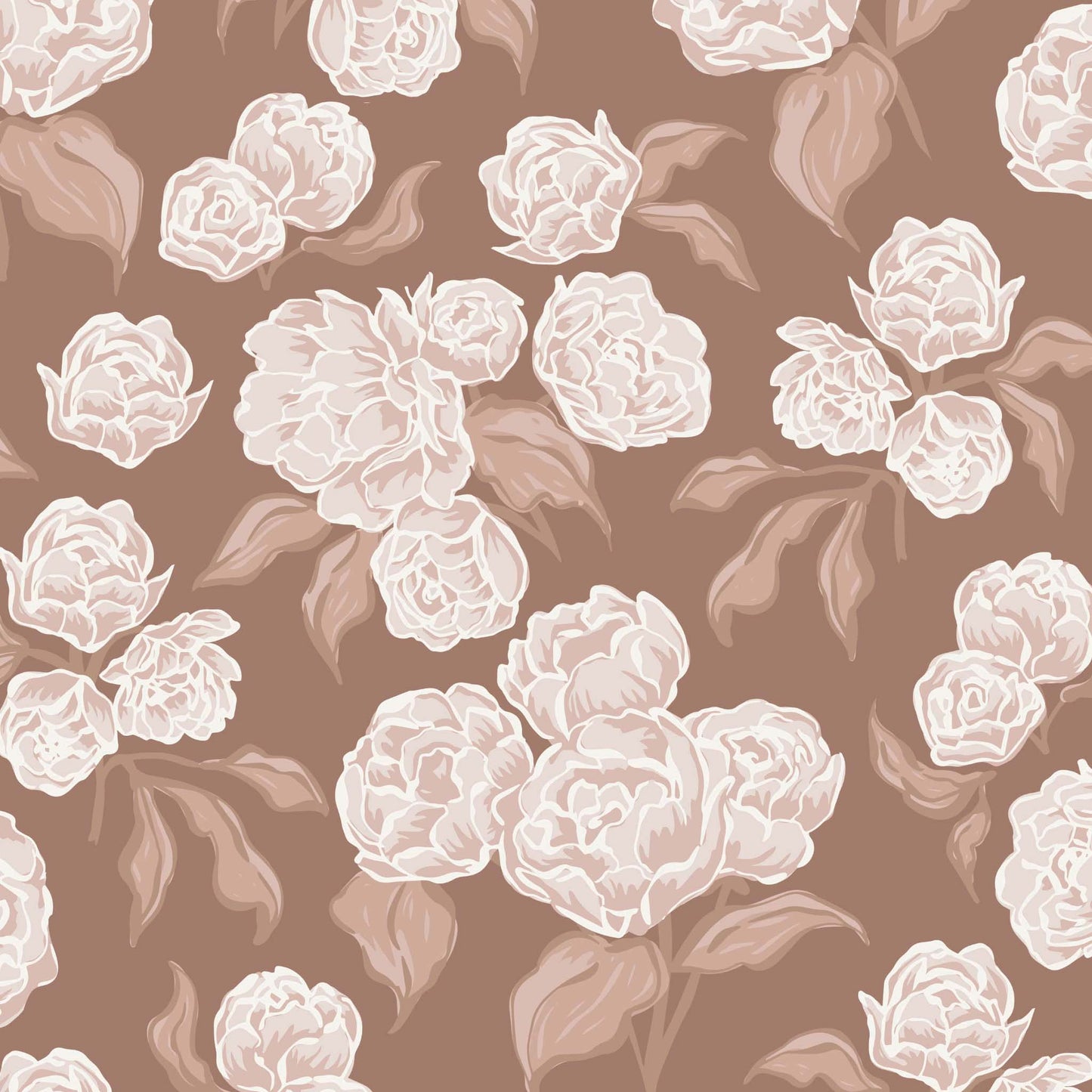 Pattern of white flowers on a mocha brown background