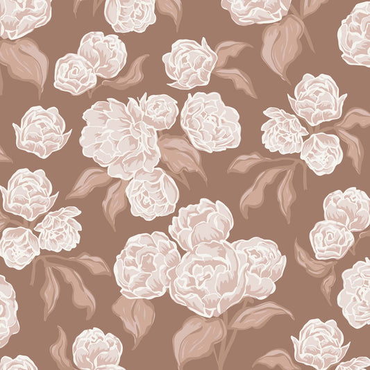 Pattern of white flowers on a mocha brown background