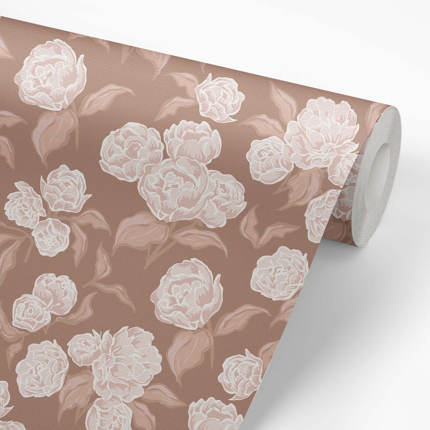 Roll of floral wallpaper with white flowers on a mocha brown background