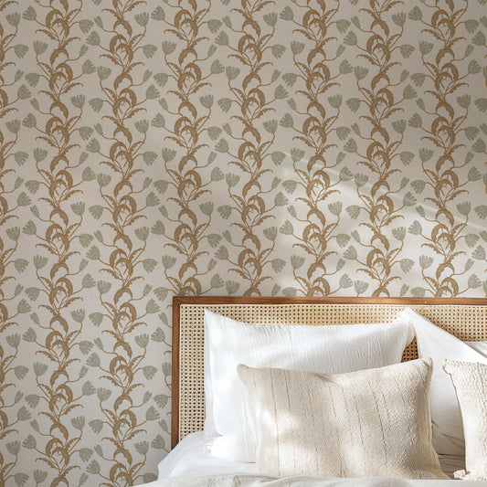 Modern Tulips Wallpaper in Cream shown in a bedroom