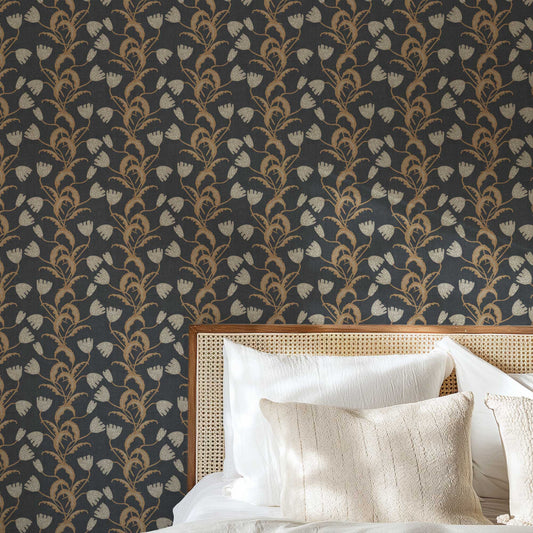 Modern Tulips Wallpaper in Steel Blue shown in a bedroom